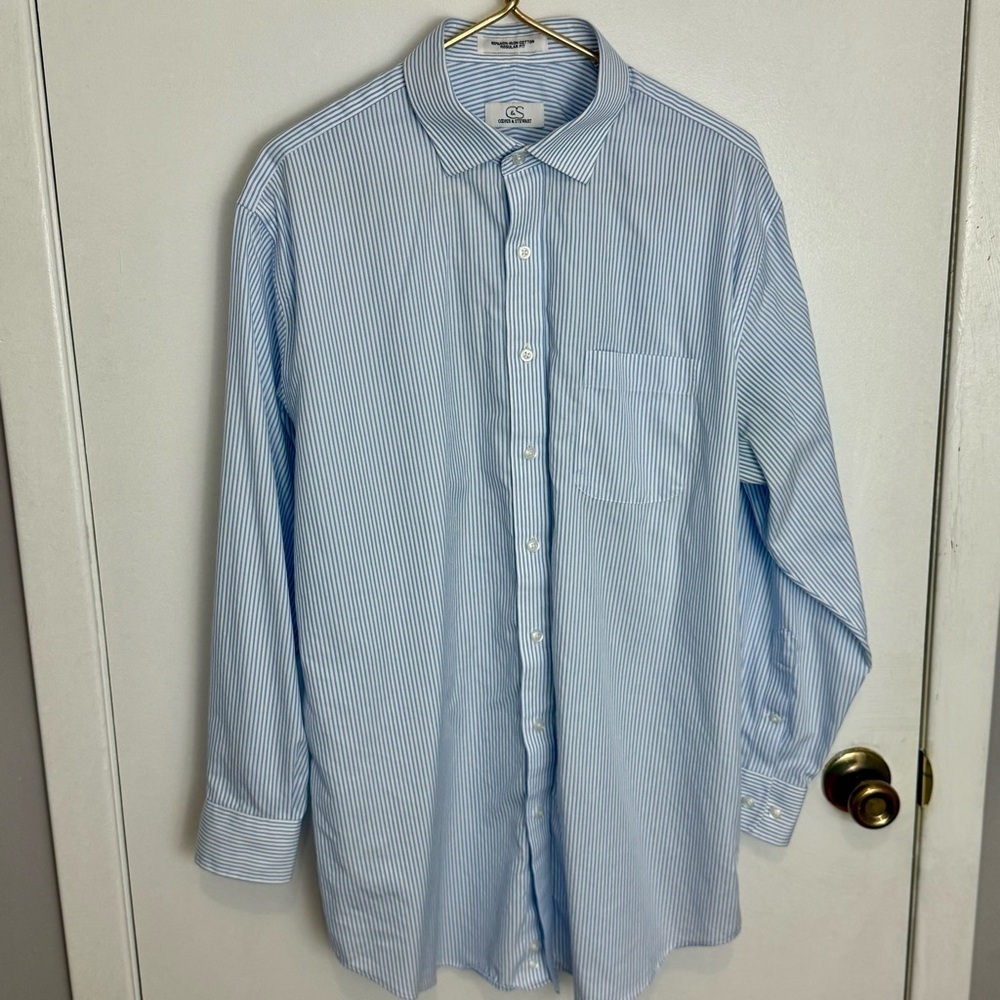 Cooper & Stewart Classic Light Blue Striped Button Down Shirt 100% Cotton